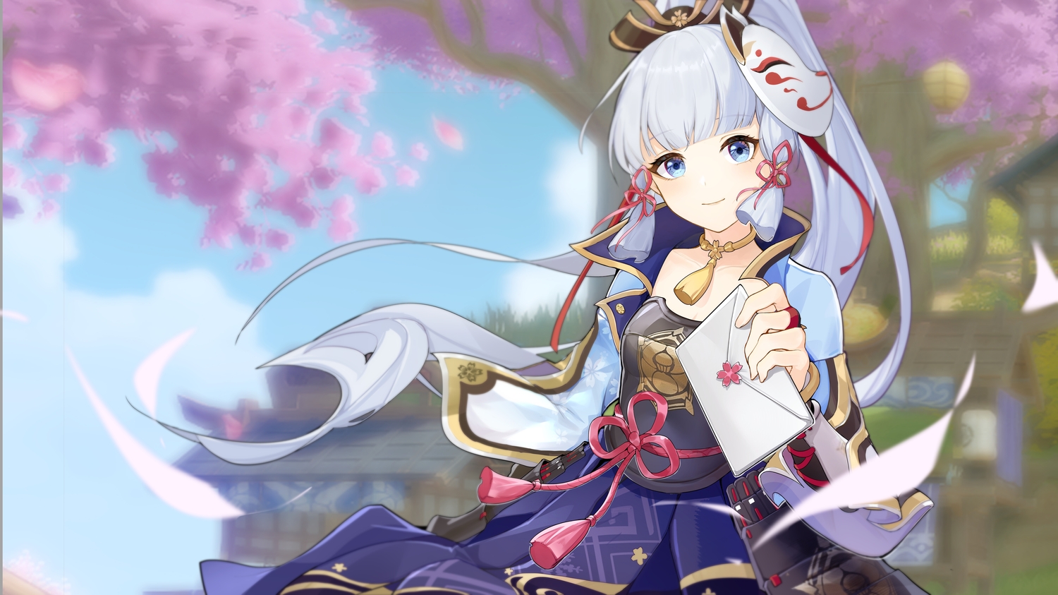 armor, blue_eyes, cherry_blossoms, choker, dearduam, flowers, genshin_impact, japanese_clothes, kamisato_ayaka, long_hair, mask, paper, ponytail, ribbons, samurai, tree, white_hair