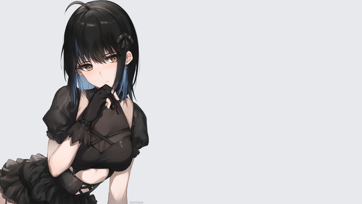 black_hair, blush, bow, breasts, brown_eyes, choker, cleavage, cross