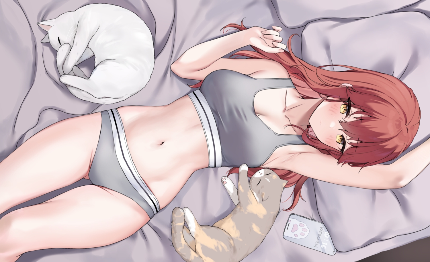 animal, bed, blush, bra, breasts, cat, cleavage, kaetzchen