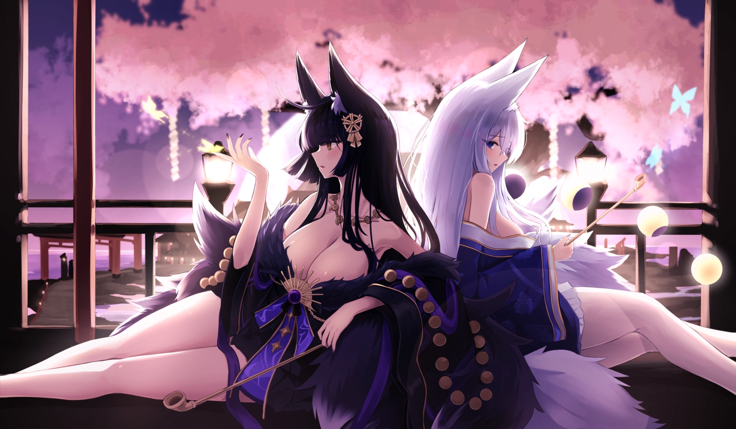 2girls, animal_ears, anthropomorphism, azur_lane, black_hair, blue_eyes, blush, breasts