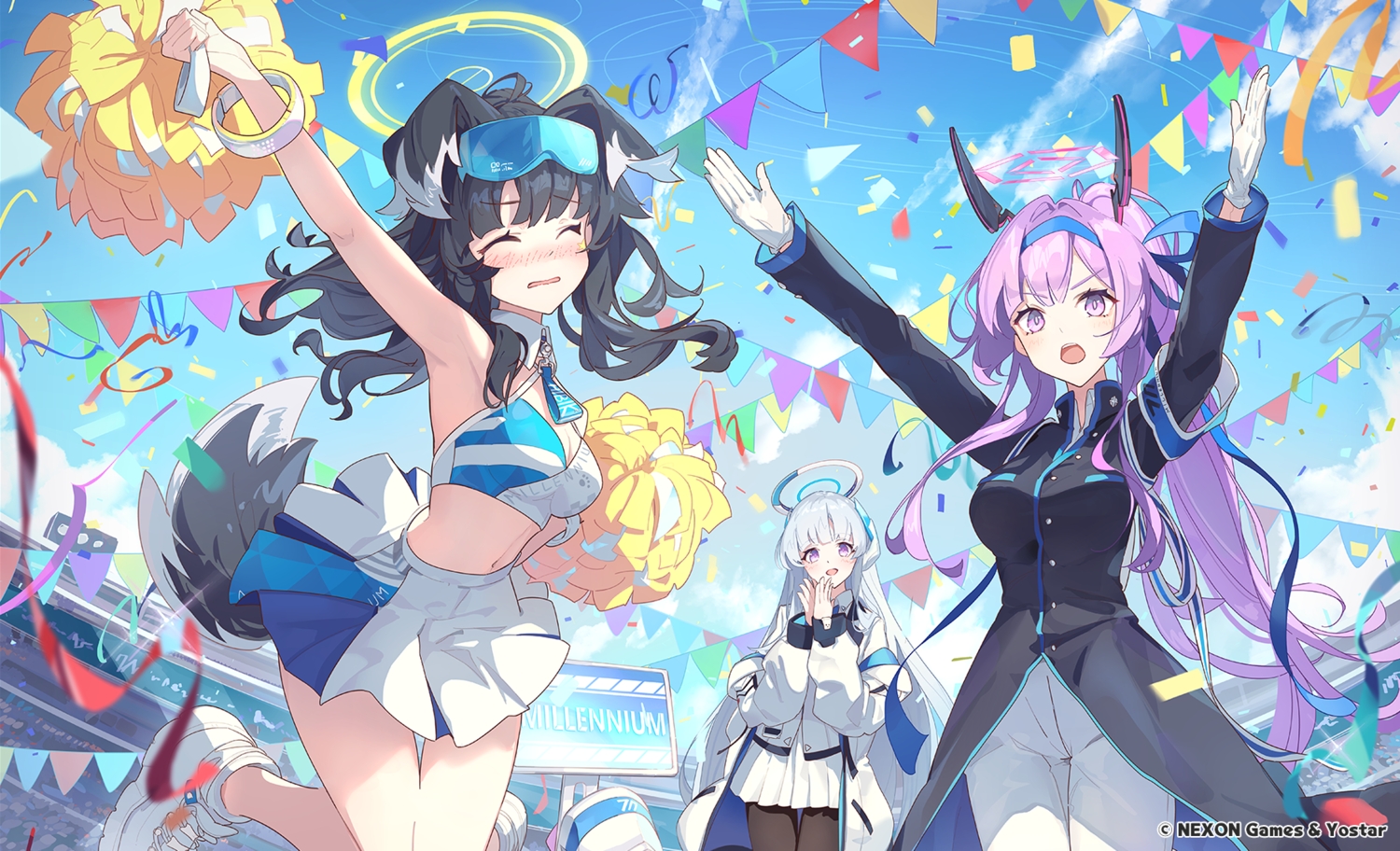 animal_ears, black_hair, blue_archive, blush, breasts, cheerleader, cleavage, clouds