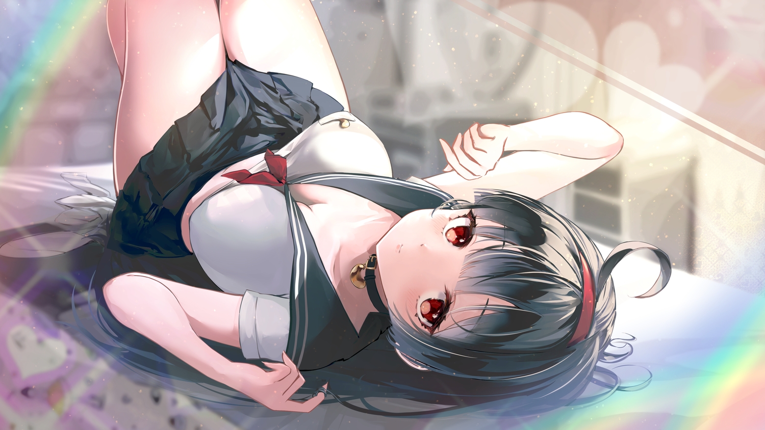 black_hair, blush, breasts, cleavage, collar, eunip, headband, long_hair, original, rainbow, red_eyes, school_uniform, skirt