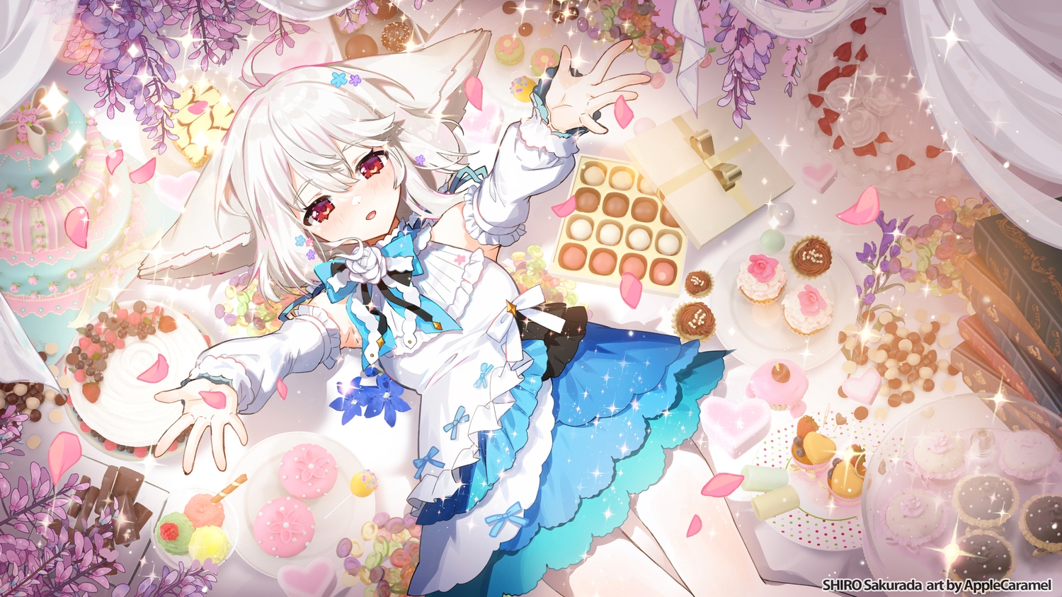 animal_ears, applecaramel_(acaramel), blush, book, bow, cake, candy, chocolate