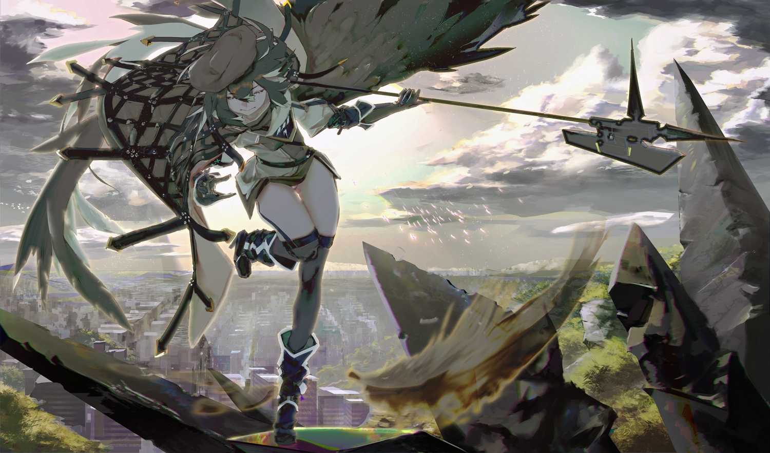 arknights, clouds, feathers, hat, plume_(arknights), spear, waterswing, weapon, wings
