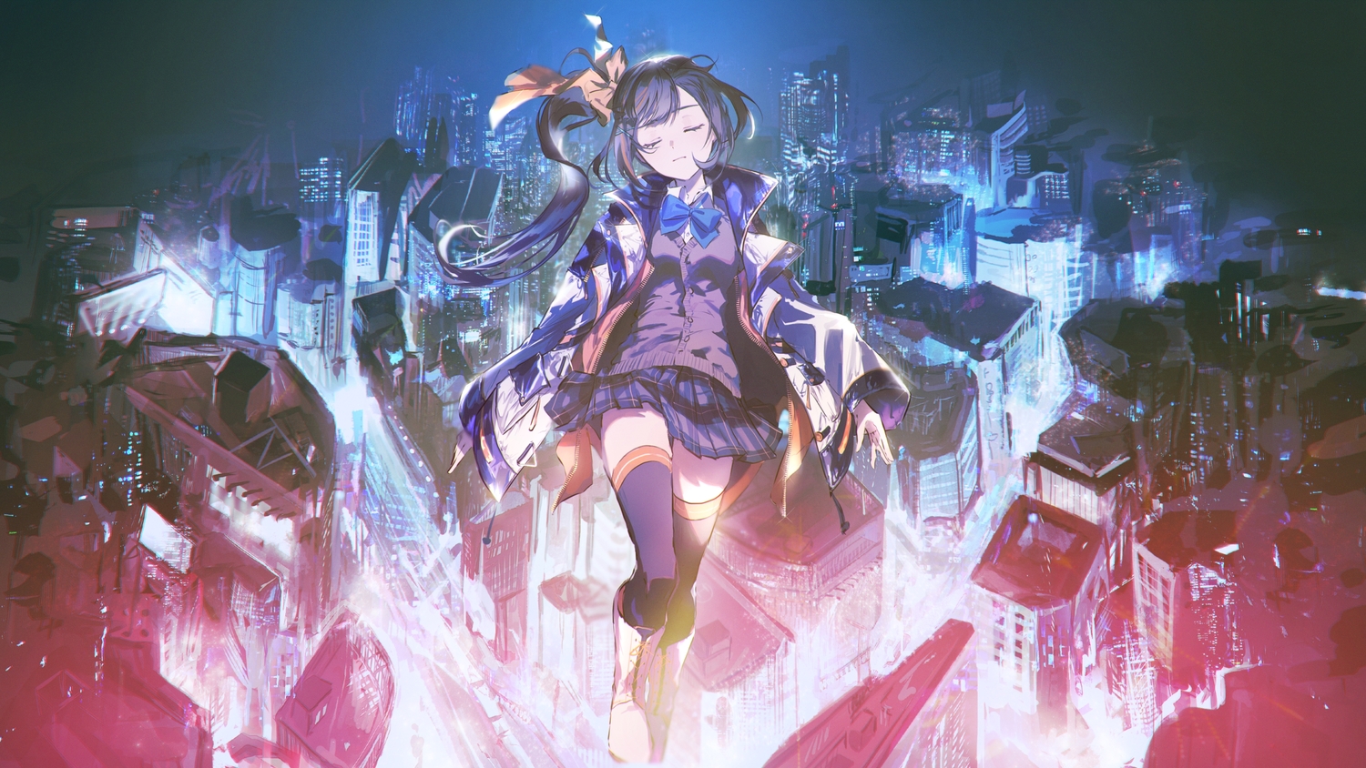 boots, bow, building, city, karanagare_4, nagase_yuka, night, ponytail, riot_music, skirt, thighhighs, zettai_ryouiki