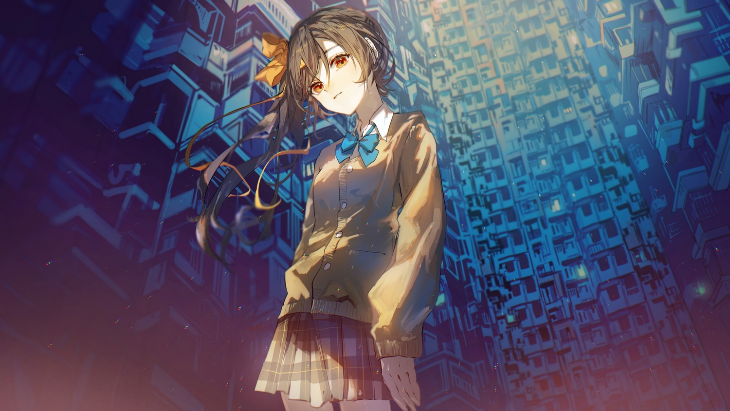 bow, brown_eyes, brown_hair, building, city, karanagare_4, nagase_yuka, ponytail