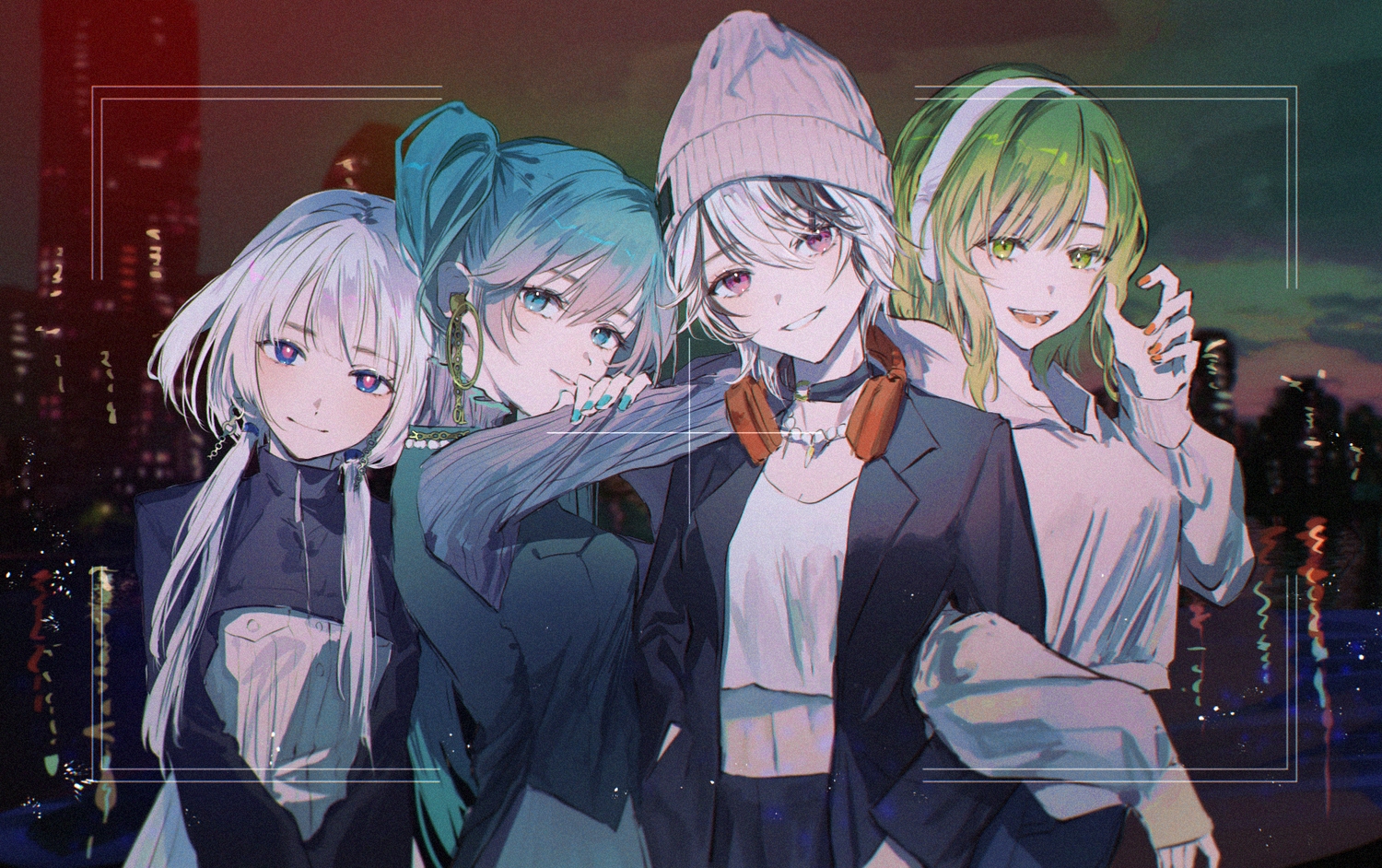 aqua_eyes, aqua_hair, cevio, flower_(vocaloid), green_eyes, green_hair, group, gumi