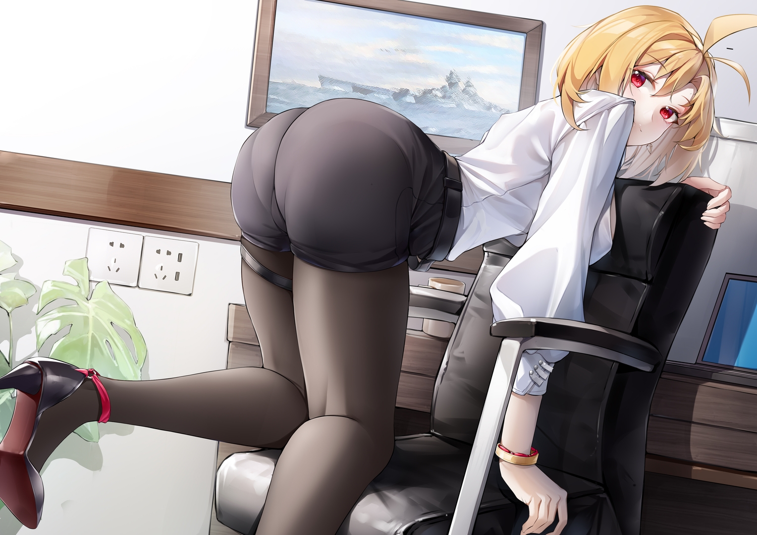 anthropomorphism, ass, blonde_hair, garter, lubikaya1, lyon_(zhanjian_shaonu), pantyhose, red_eyes