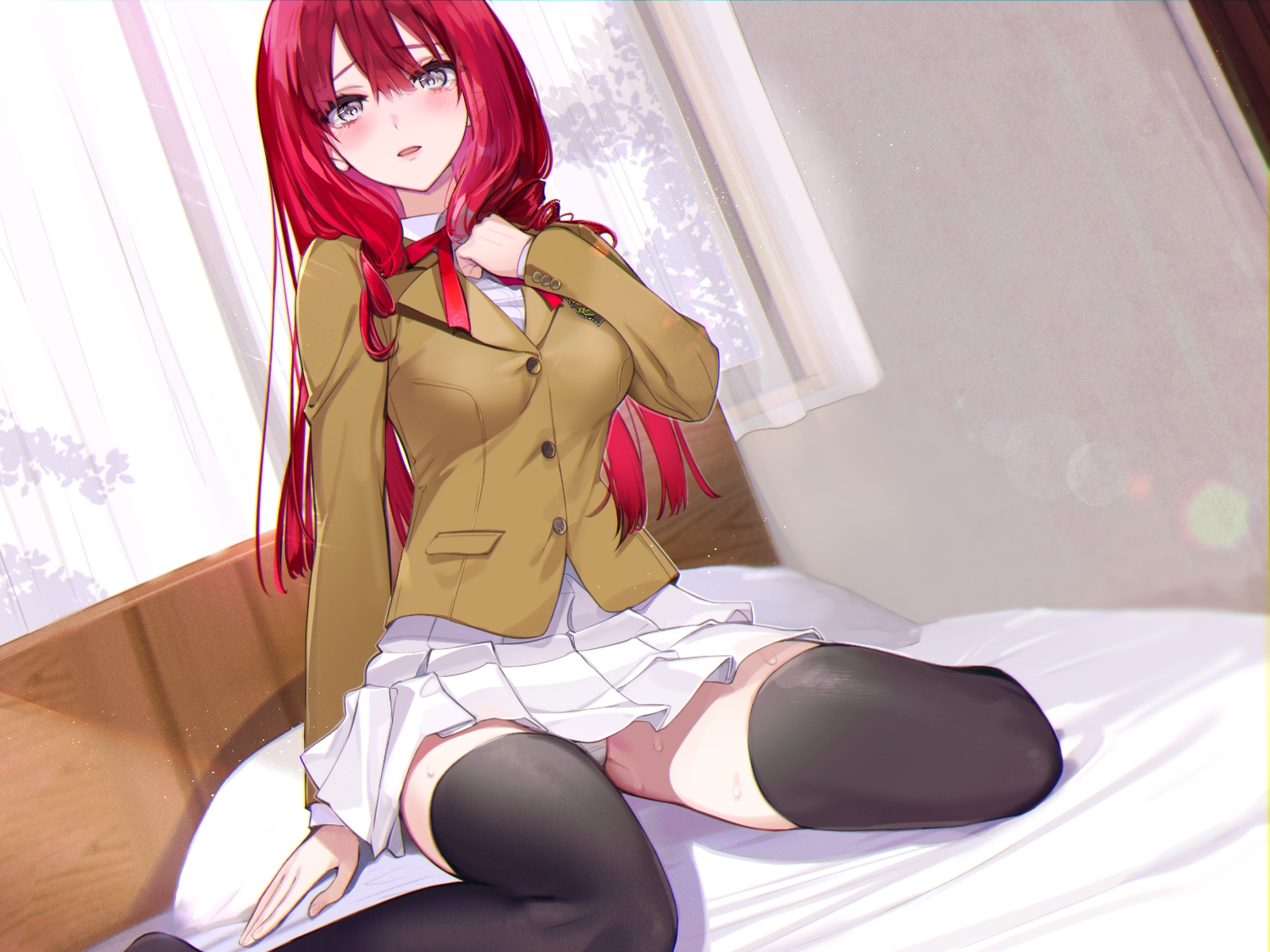 aliasing, bed, blush, breast_hold, hayakawa_akari, long_hair, original, panties, red_hair, school_uniform, skirt, tears, thighhighs, underwear, upskirt, zettai_ryouiki