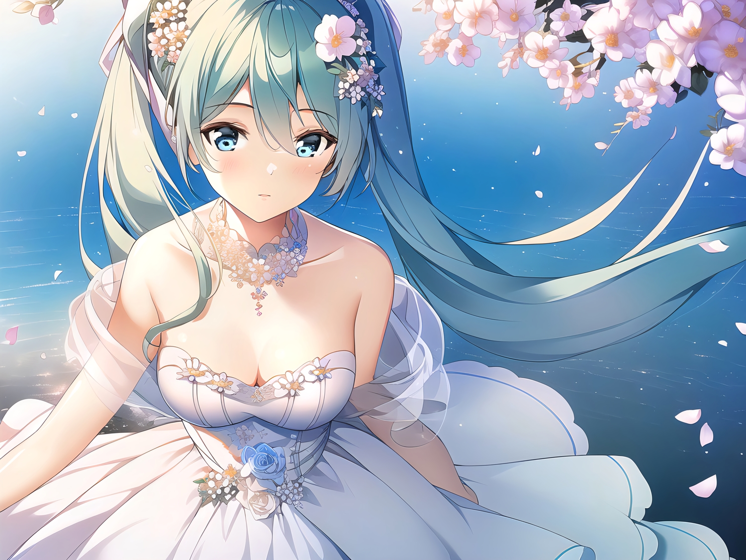 aqua_hair, blue_eyes, breasts, cleavage, flowers, haruka_poi, hatsune_miku, long_hair