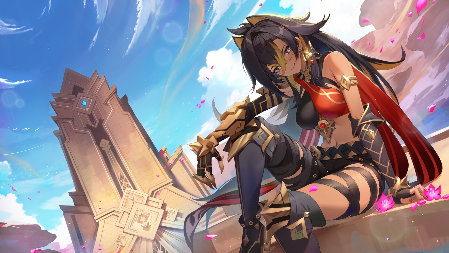 animal_ears, armor, blonde_hair, breasts, brown_hair, clouds, dehya_(genshin_impact), genshin_impact, gloves, raijuu_(bakanara), sky, torn_clothes