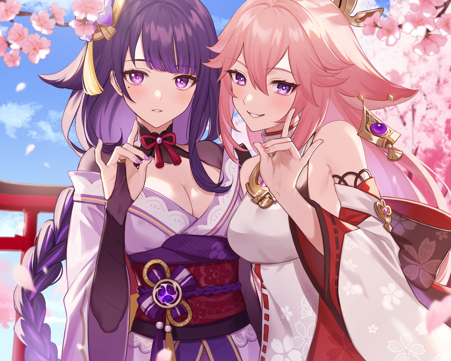 2girls, animal_ears, blush, braids, breasts, cherry_blossoms, cleavage, cropped, flowers, foxgirl, genshin_impact, japanese_clothes, long_hair, miko, petals, pink_hair, purple_eyes, purple_hair, raiden_shogun, unapoppo, yae_miko