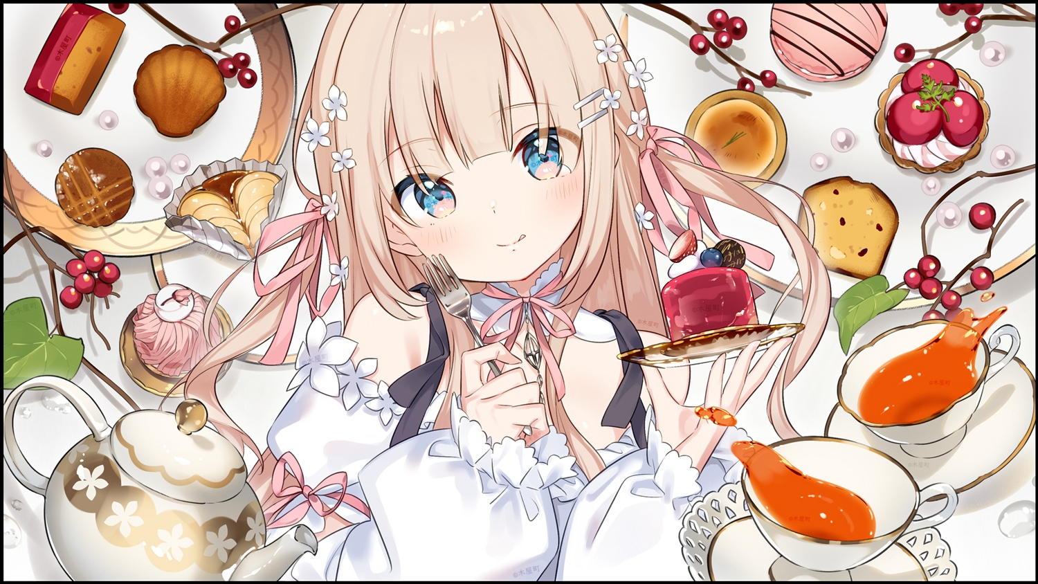 blonde_hair, blue_eyes, blush, bow, cake, choker, drink, food