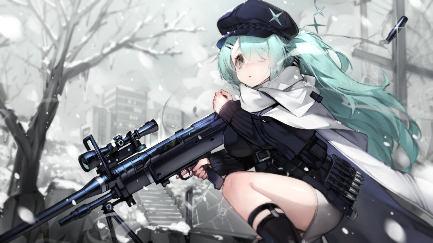 aqua_hair, blue_archive, building, city, gray_eyes, gun, hat, libiadan