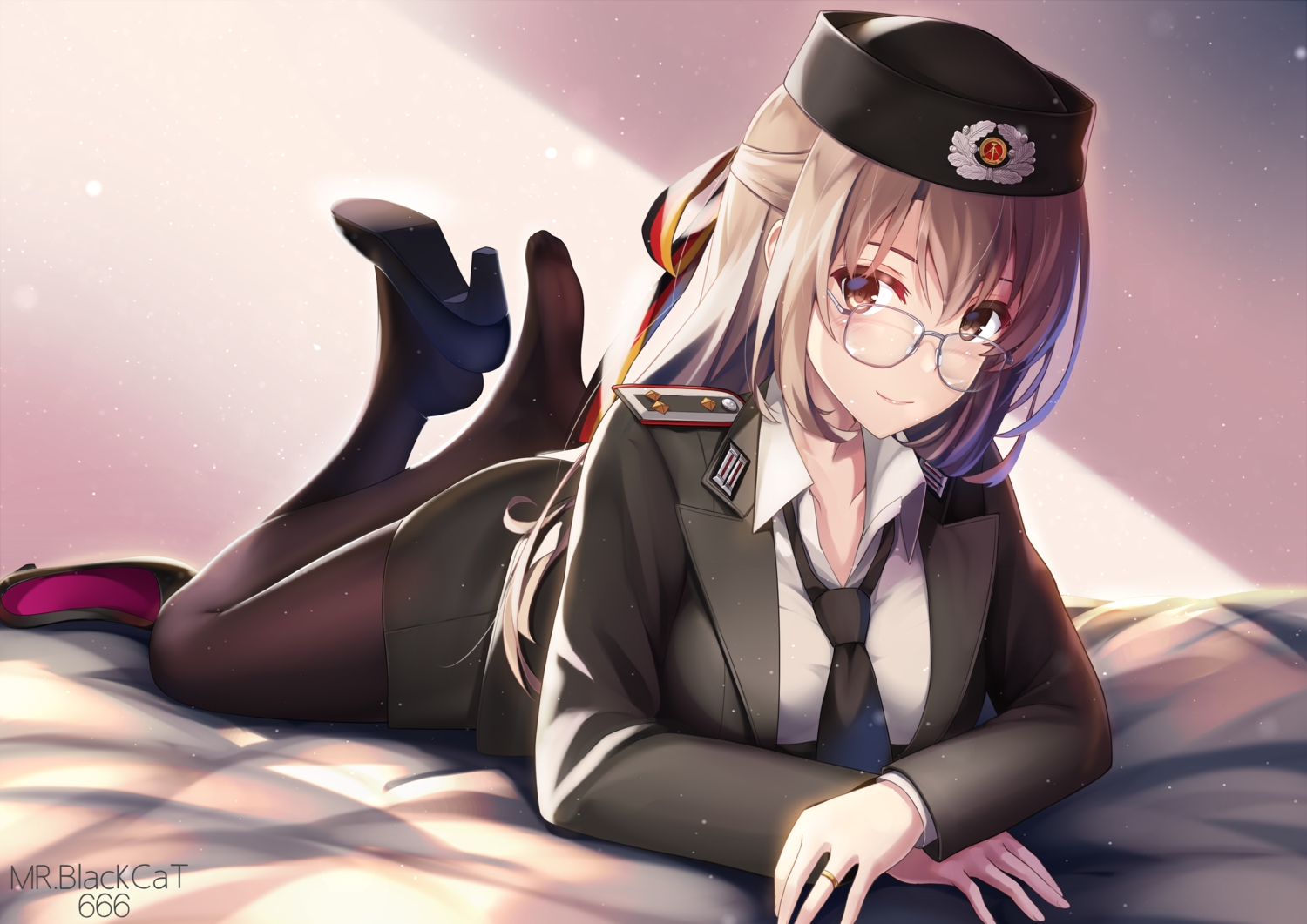 bed, brown_eyes, brown_hair, glasses, long_hair, military, mr_blackcat, original