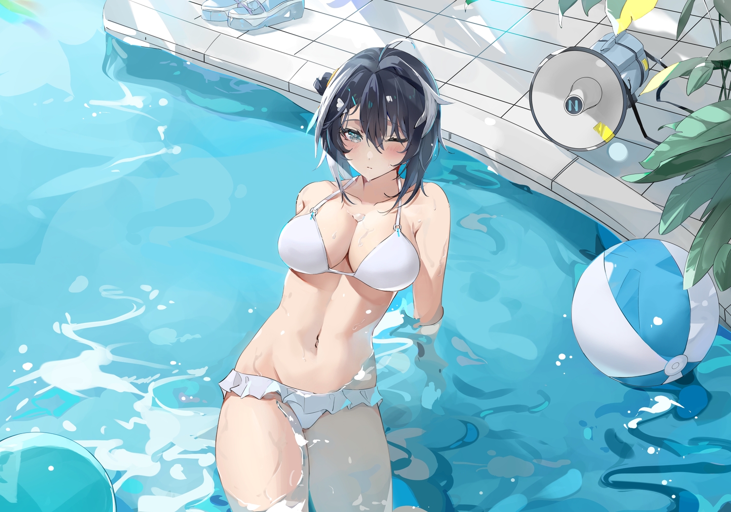 arknights, ball, bikini, black_hair, blush, breasts, cleavage, gray_eyes, la_pluma_(arknights), nayuko_(wuyou_nayuko), pool, short_hair, swimsuit, water, wink