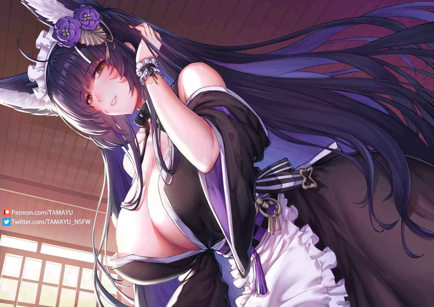 animal_ears, anthropomorphism, azur_lane, breasts, brown_eyes, cleavage, foxgirl, headband, japanese_clothes, long_hair, maid, musashi_(azur_lane), no_bra, purple_hair, tamashii_yuu, watermark