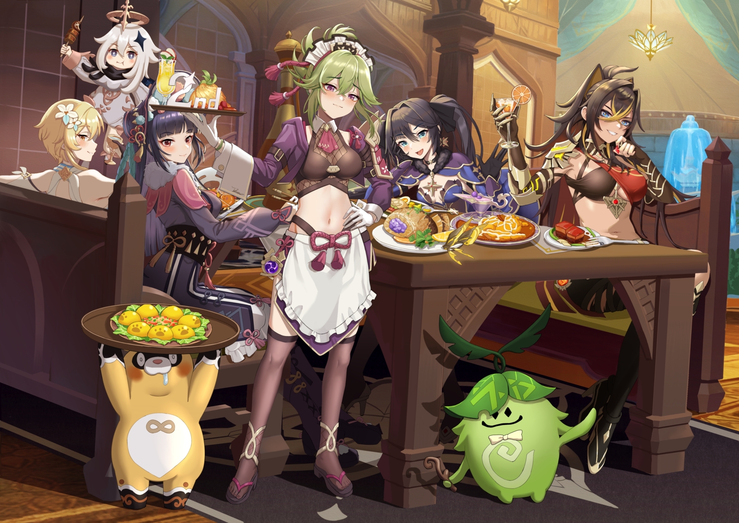 animal_ears, apron, black_hair, blonde_hair, blue_eyes, blush, brown_hair, cape