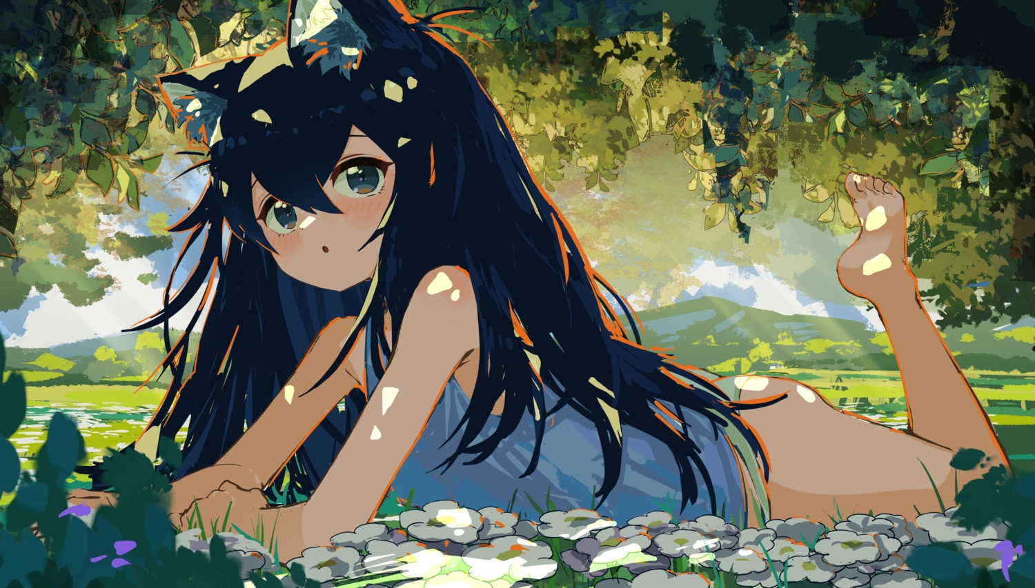 animal_ears, black_hair, flowers, foxgirl, kgt_(pixiv12957613), leaves, long_hair, original
