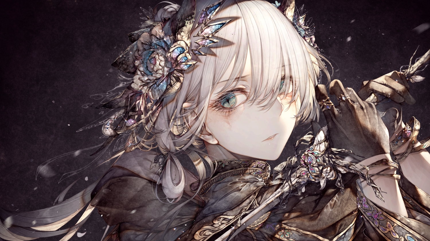 aqua_eyes, close, flowers, gloves, gray_hair, hito_komoru, original, rose