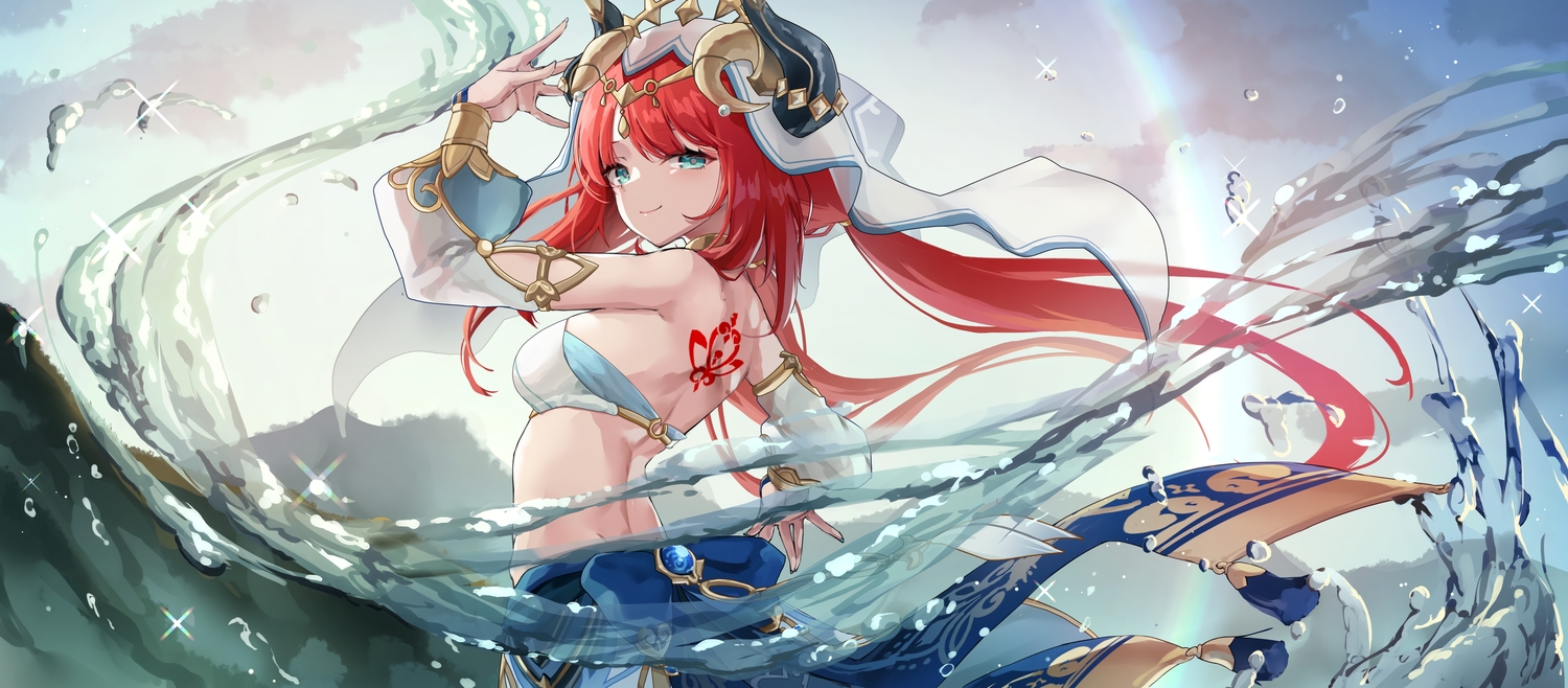 aqua_eyes, genshin_impact, horns, long_hair, nilou_(genshin_impact), osisio, red_hair, skirt, tattoo, twintails, water