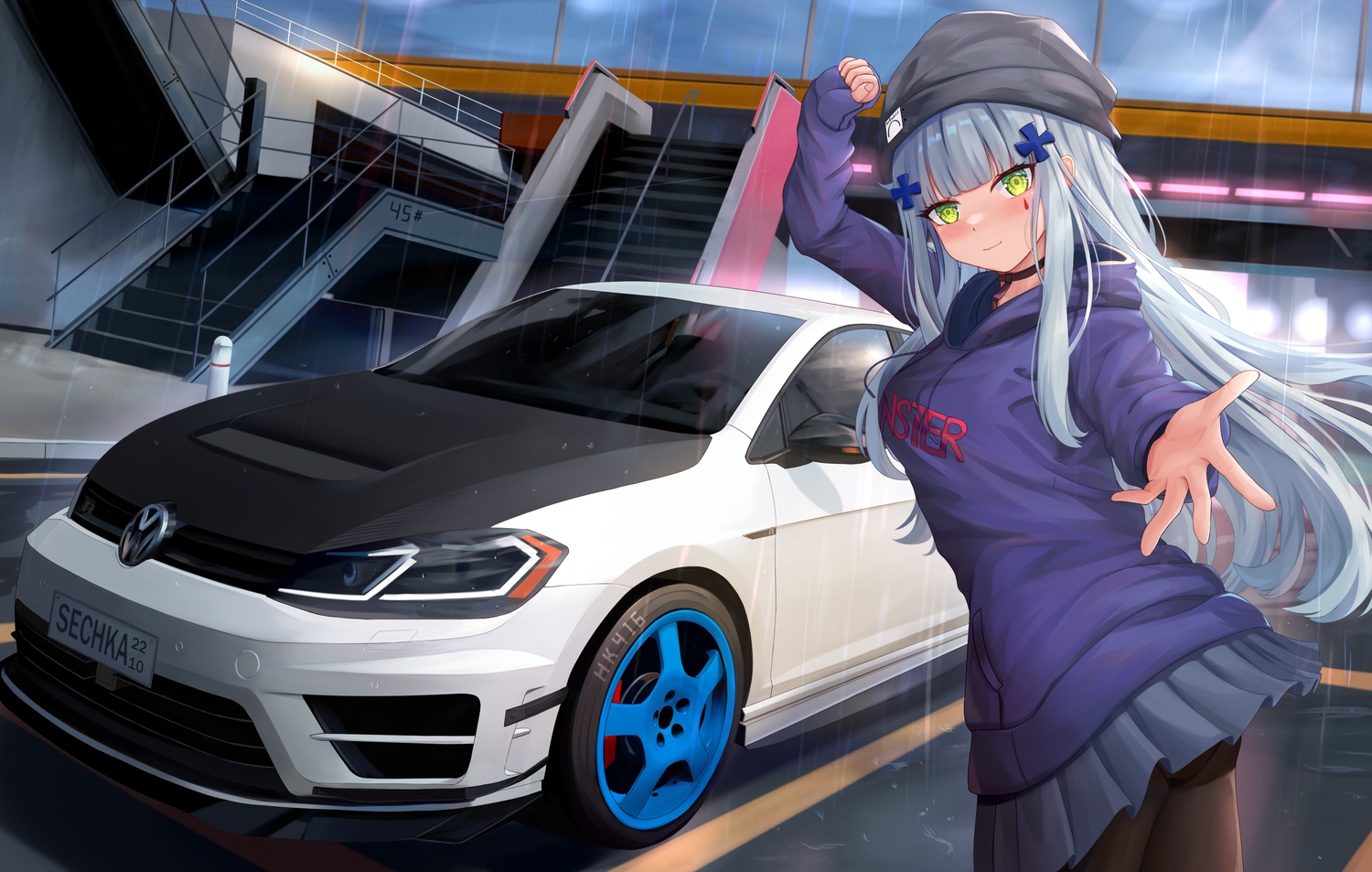 anthropomorphism, blush, car, girls_frontline, gray_hair, green_eyes, hat, hk416_(girls_frontline)