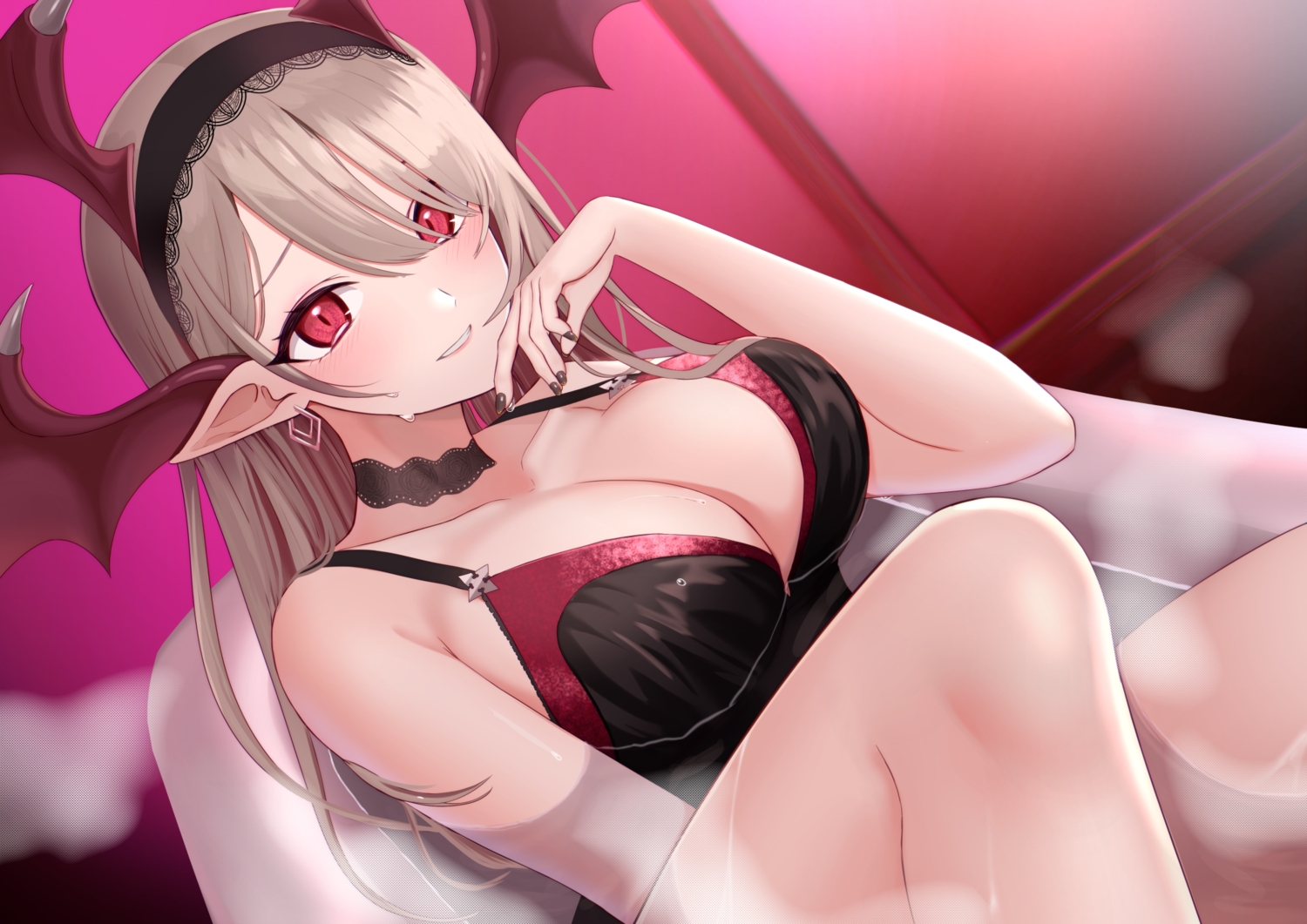 bath, bathtub, bed, breasts, choker, cleavage, close, demon