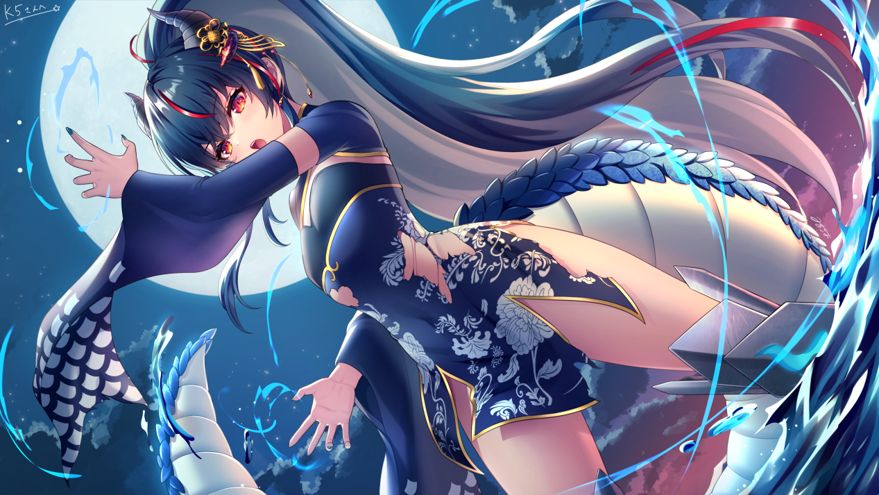 blue_hair, blush, chinese_clothes, chinese_dress, clouds, dress, flat_chest, horns