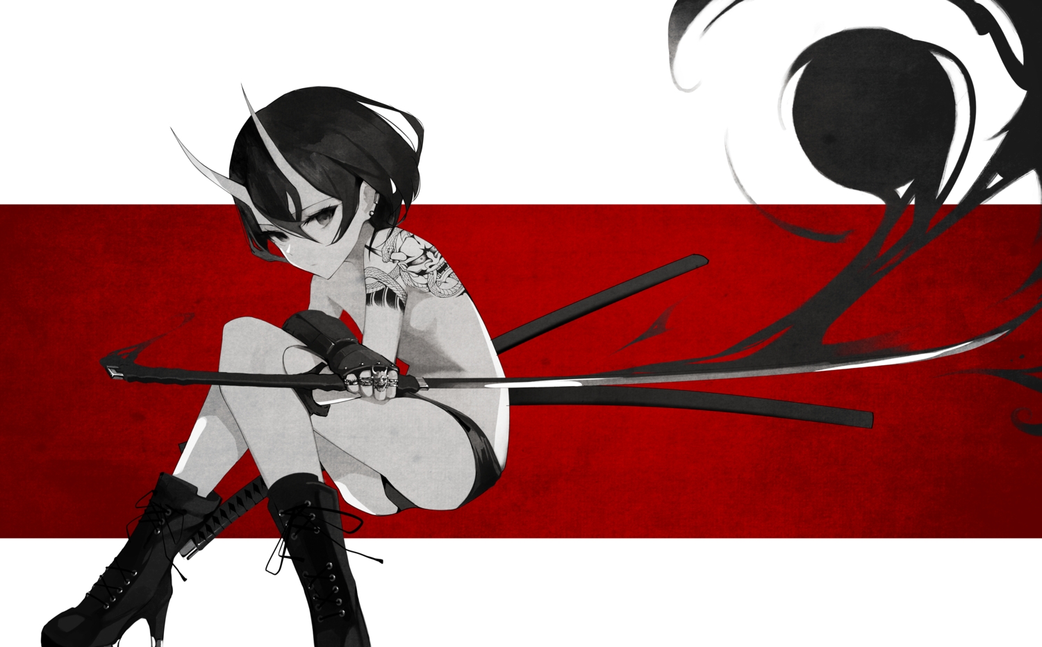 black_eyes, black_hair, boots, gloves, gyup, horns, katana, original