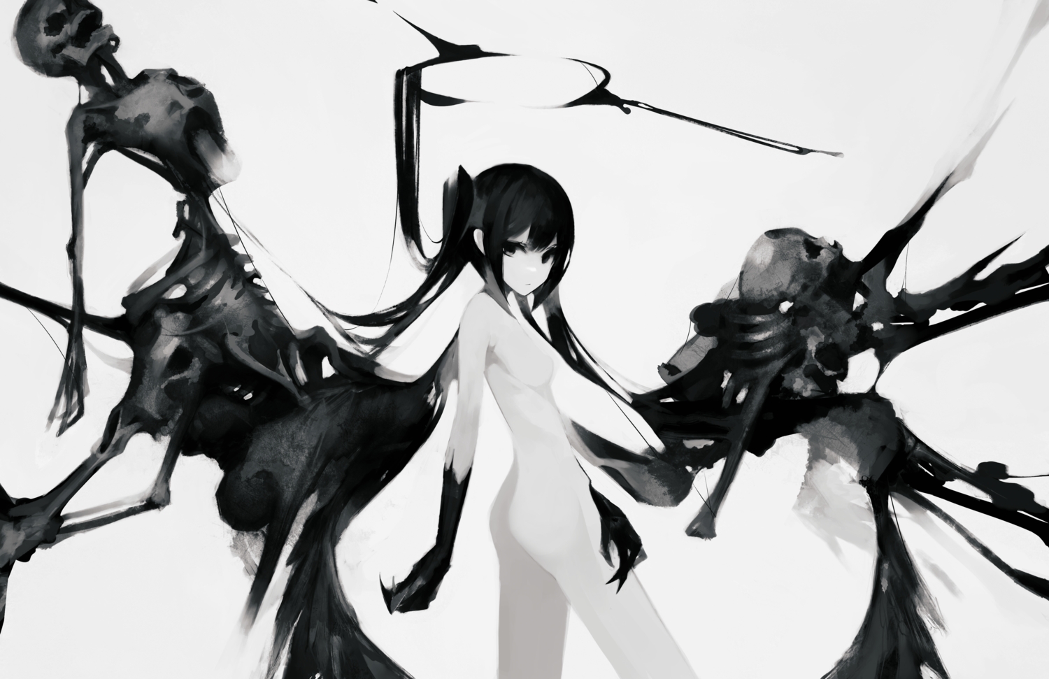 black_eyes, black_hair, gyup, halo, long_hair, monochrome, nude, original