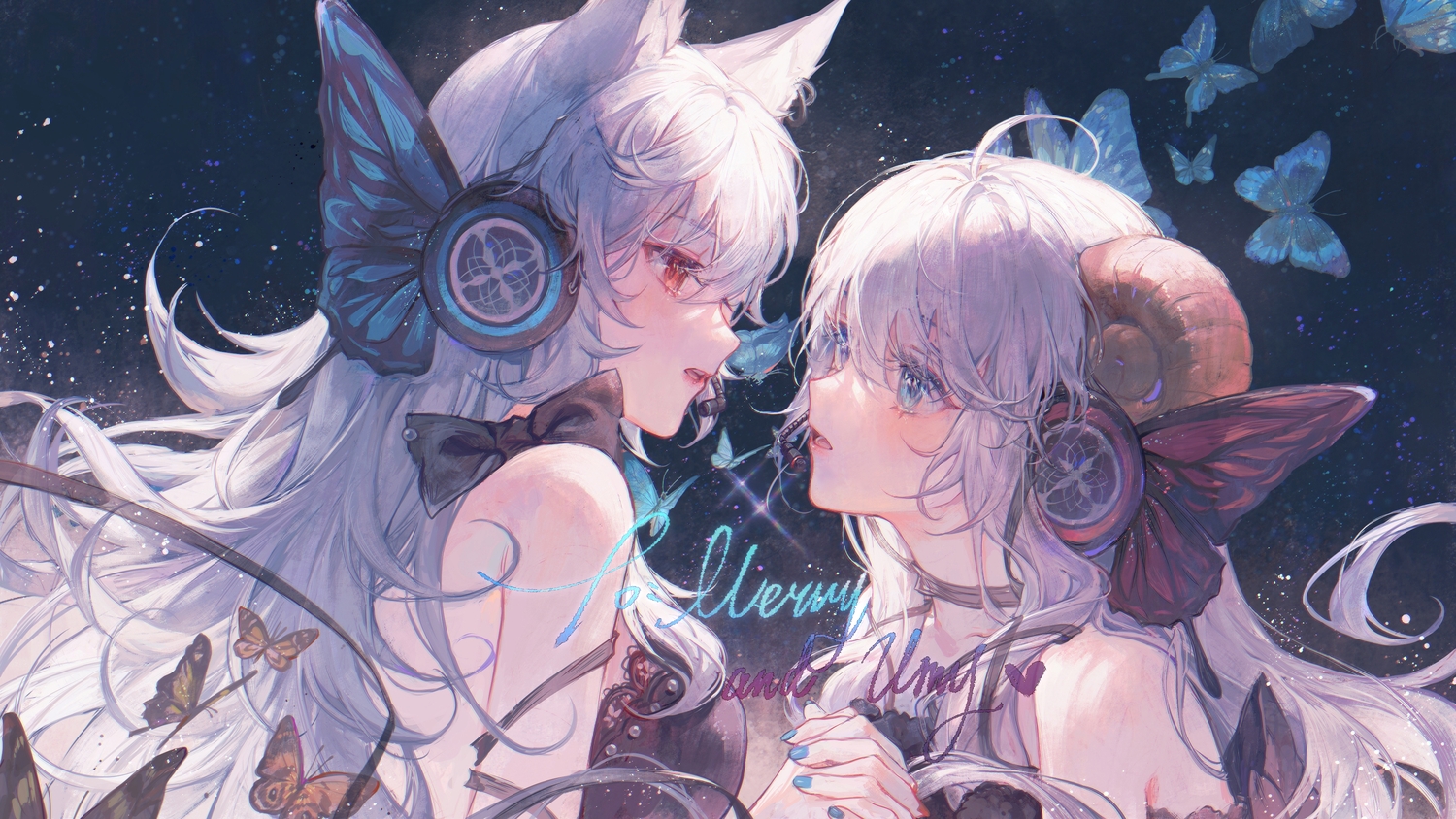 2girls, aliasing, animal_ears, butterfly, headphones, maccha_(mochancc), magnet_(vocaloid), merry_(meumy), meumy, sheepgirl, shoujo_ai, umy_(meumy), white_hair, wolfgirl