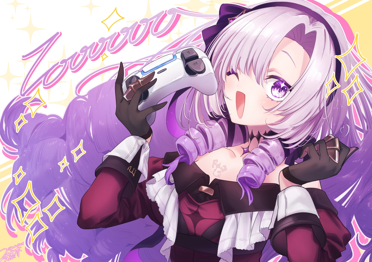 hyakumantenbara_salome, nijisanji, nikki_kyousuke, purple_eyes, purple_hair, signed, wink