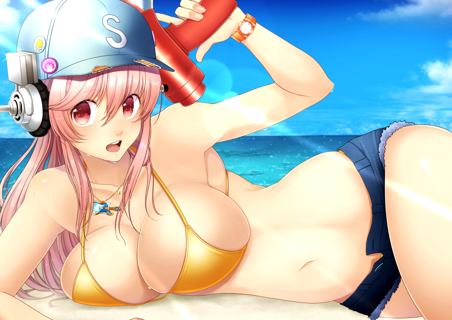 asazuke25, beach, bikini_top, breasts, cleavage, hat, headphones, navel