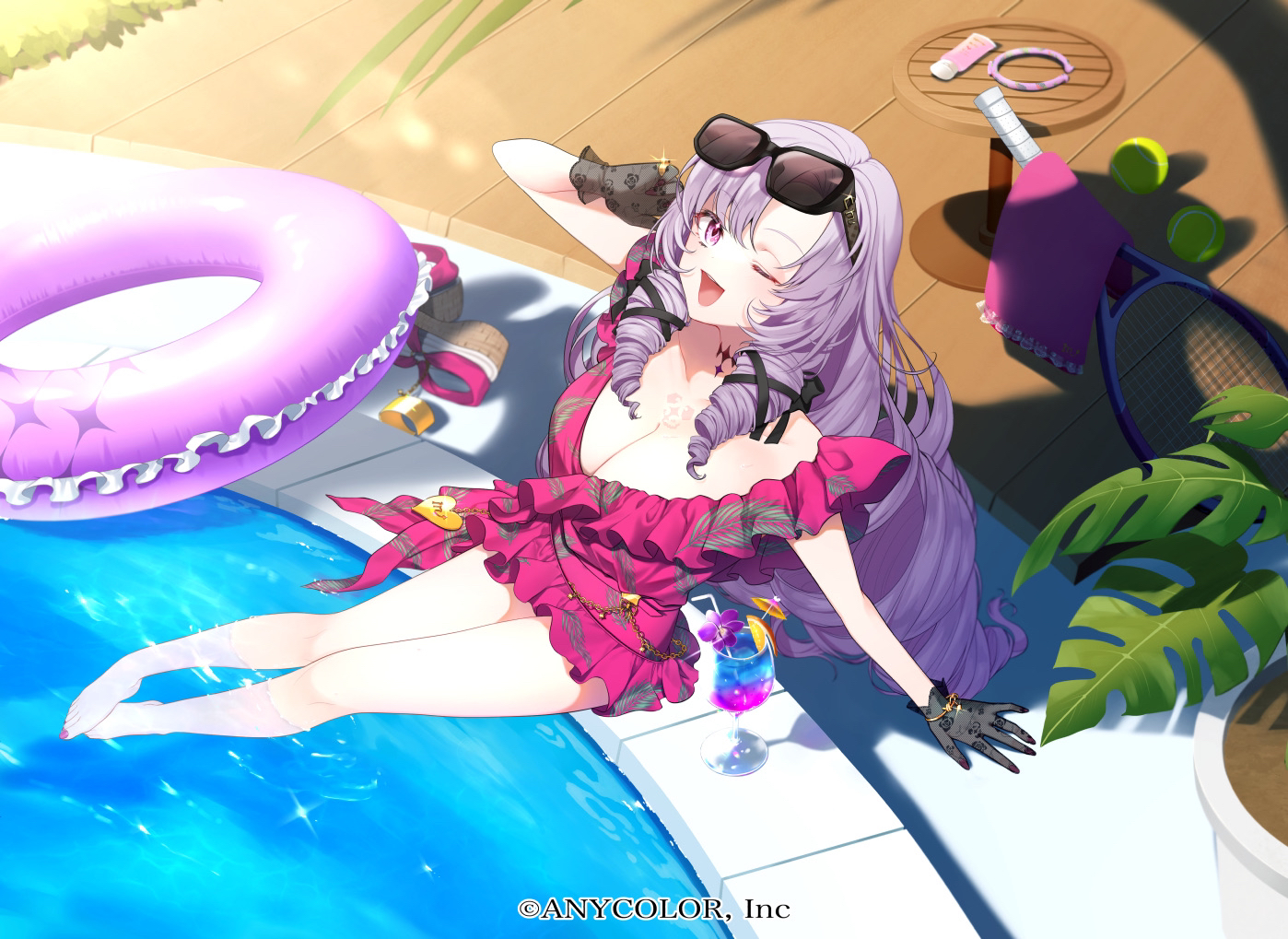 asazuke25, barefoot, breasts, cleavage, drink, gloves, hyakumantenbara_salome, long_hair, nijisanji, pool, purple_eyes, purple_hair, sport, sunglasses, swimsuit, tennis, wink