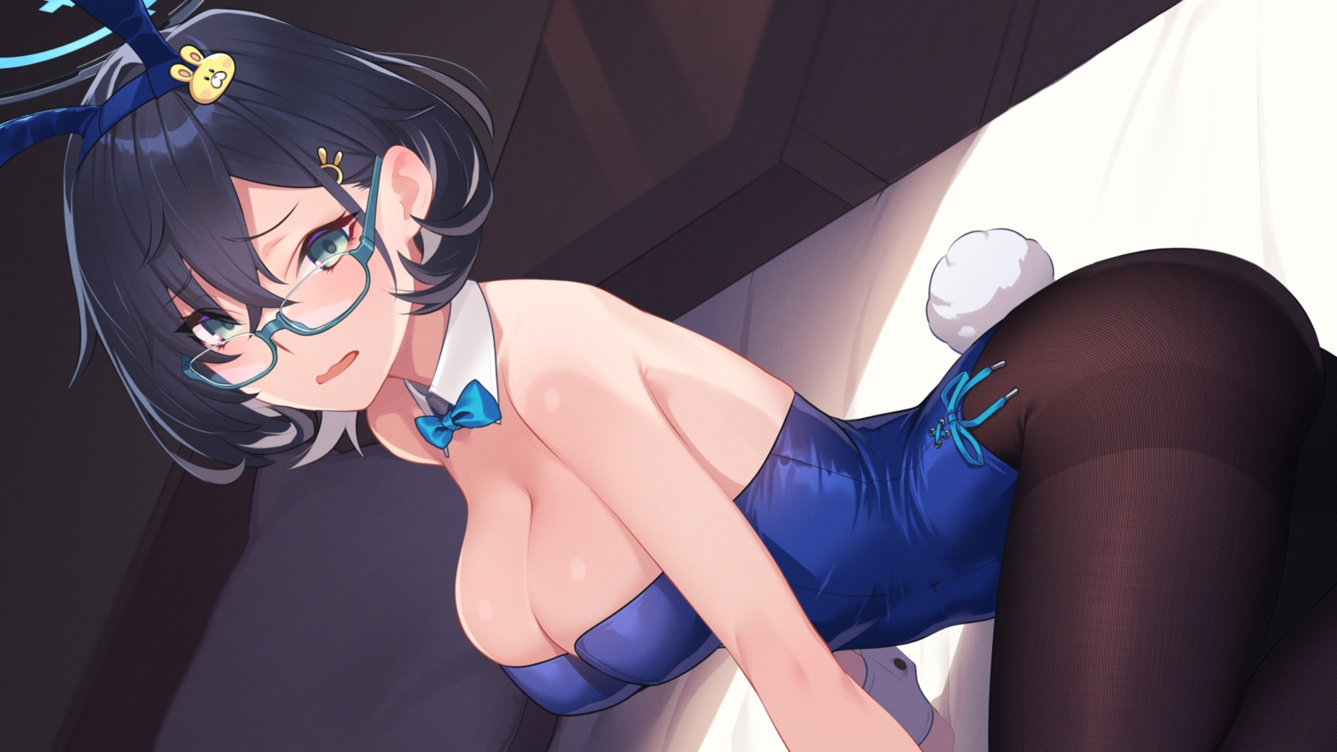 animal_ears, blue_archive, bow, breasts, bunny_ears, bunnygirl, cleavage, glasses, green_eyes, halo, headband, hikichi_sakuya, kagami_chihiro, leotard, pantyhose, purple_hair, short_hair, tail