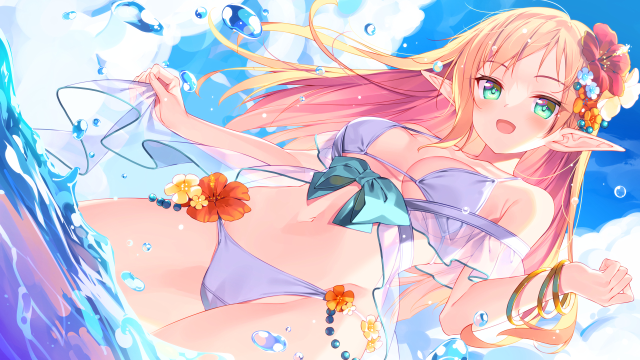 bikini, bucchake_(asami), cameltoe, clouds, flowers, green_eyes, iris_mysteria!, long_hair