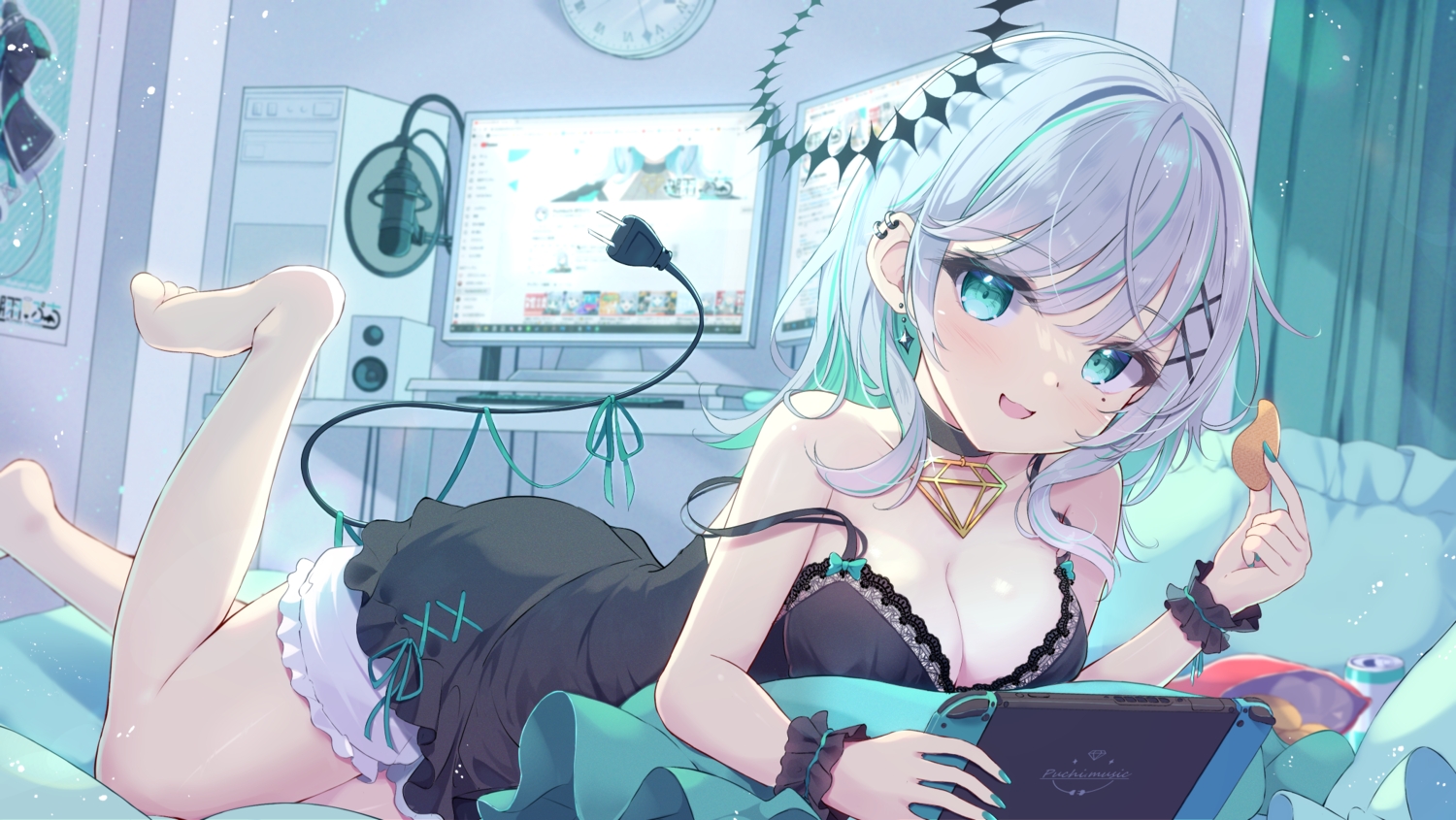 aqua_eyes, barefoot, bed, breasts, cleavage, computer, food, game_console, gray_hair, halo, indie_virtual_youtuber, long_hair, mikaze_oto, puchiko_(vtuber), tail