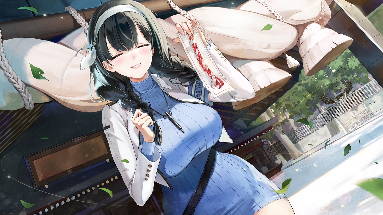 black_hair, blush, braids, building, emyo, goddess_of_victory:_nikke, headband, long_hair, mary_(nikke), shrine, twintails