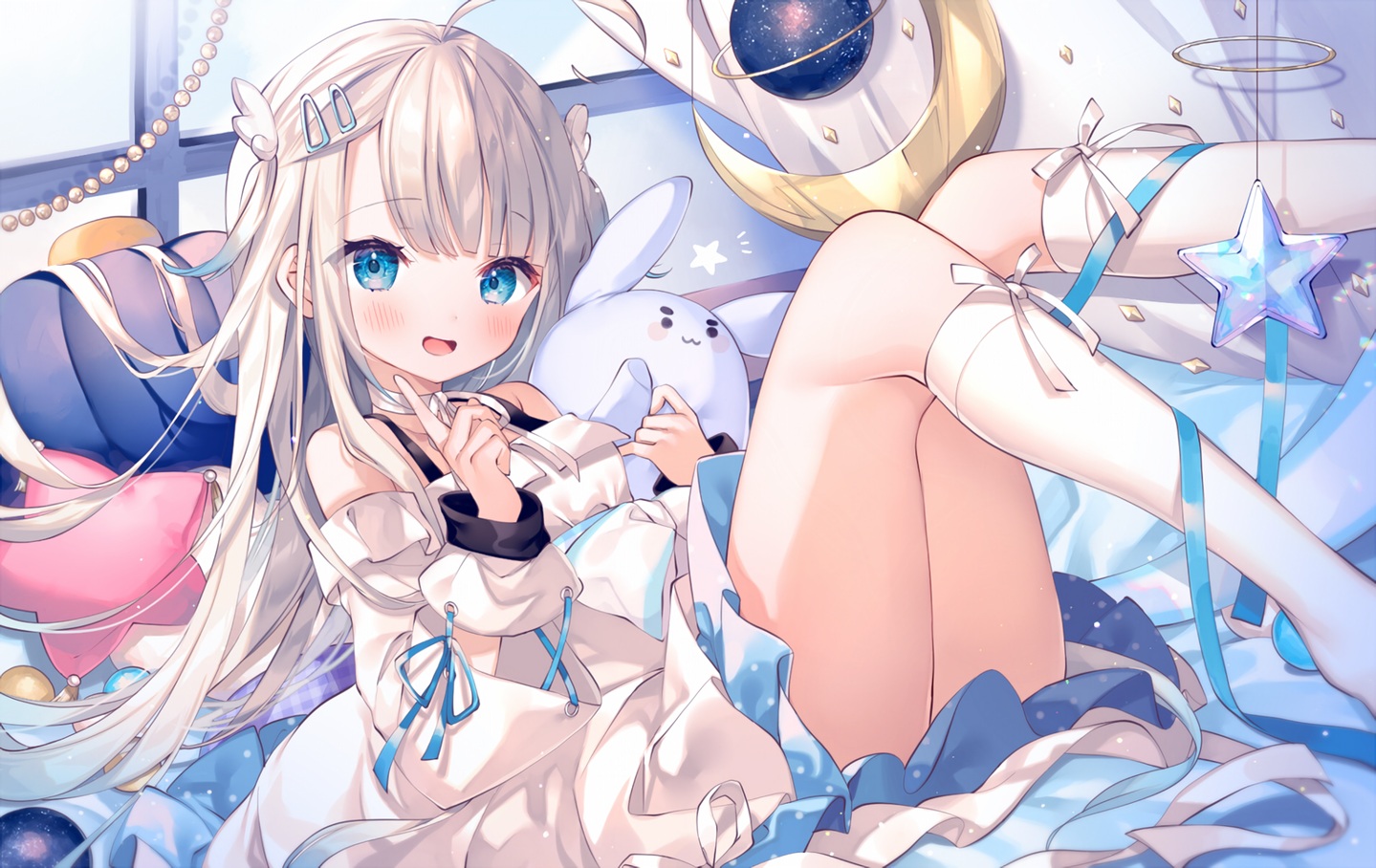 amatsuka_uto, ana_(rznuscrf), bed, blue_eyes, blush, bow, dress, gray_hair
