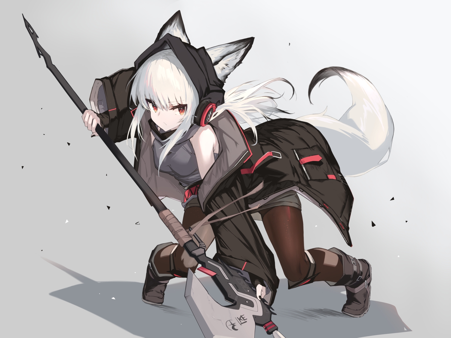 animal_ears, arknights, brown_eyes, foxgirl, frostleaf_(arknights), gray, headphones, hood, long_hair, pantyhose, tail, weapon, white_hair, yki