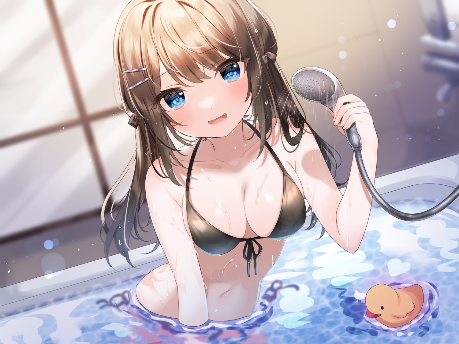 bath, bathtub, bikini, blue_eyes, breasts, brown_hair, cleavage, fang