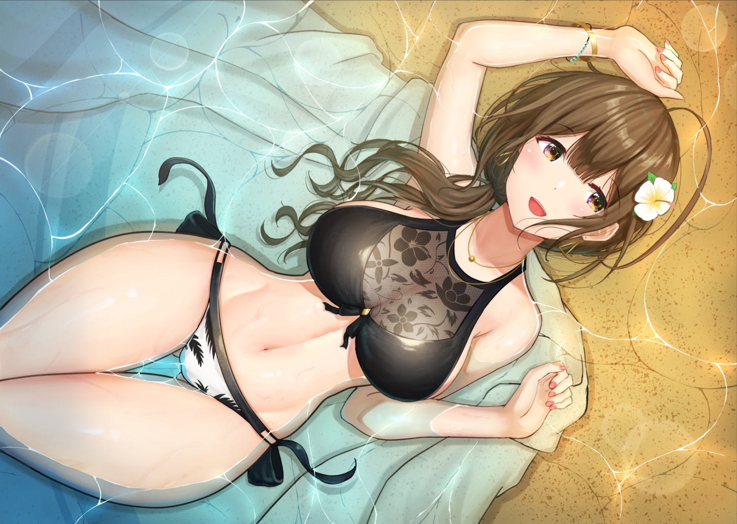 aiban, bikini, brown_eyes, brown_hair, flowers, idolmaster, idolmaster_shiny_colors, kuwayama_chiyuki
