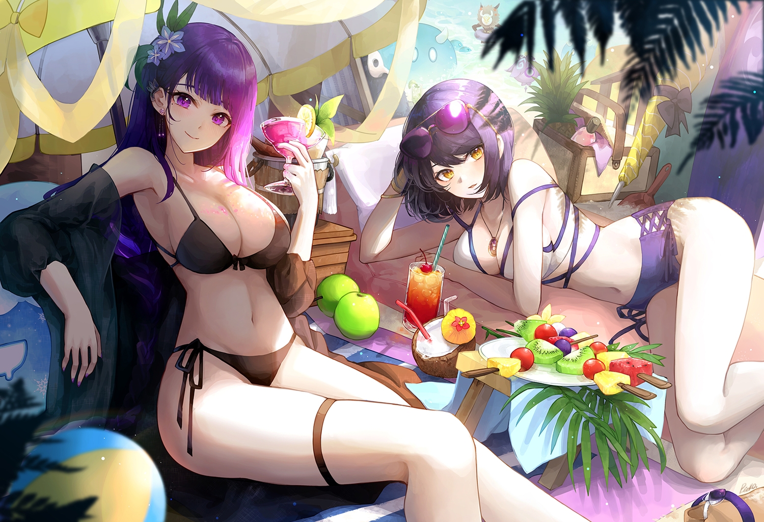 2girls, apple, ball, bikini, breasts, cherry, cleavage, drink
