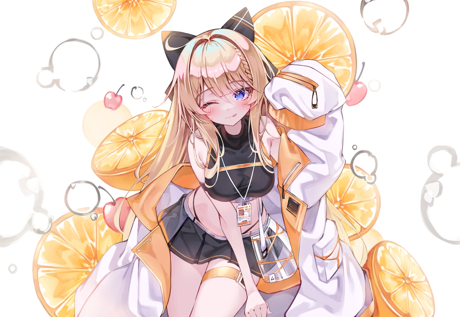 blonde_hair, food, fruit, long_hair, original, skirt, sonya_(schan), verslll