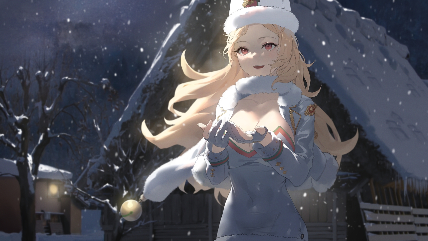 bell, blonde_hair, breasts, building, cleavage, dress, gloves, goddess_of_victory:_nikke, hat, long_hair, ludmilla_(nikke), night, red_eyes, seon_(seonon), skintight, snow, tree