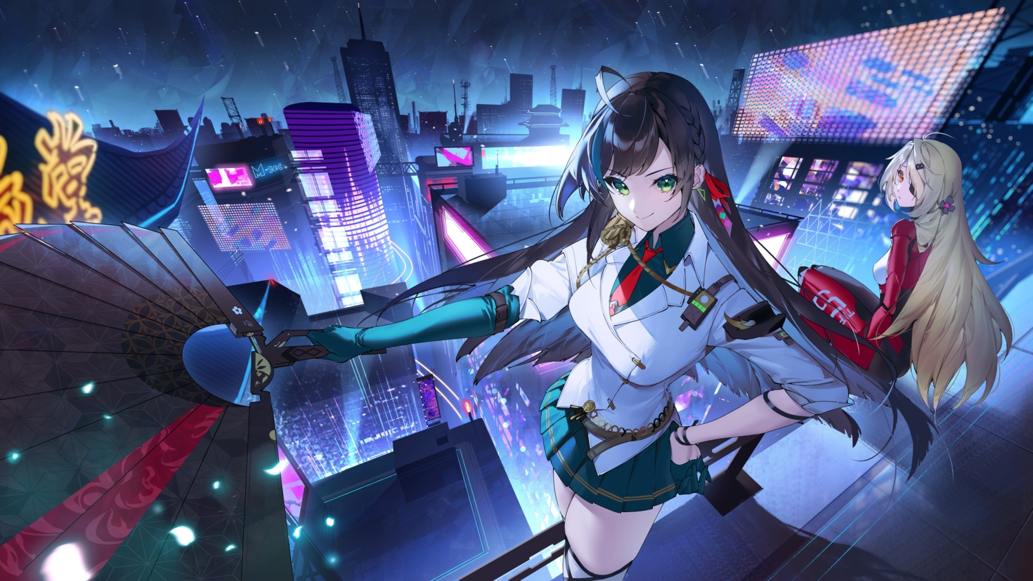 2girls, blonde_hair, brown_hair, building, city, elbow_gloves, eyepatch, fan