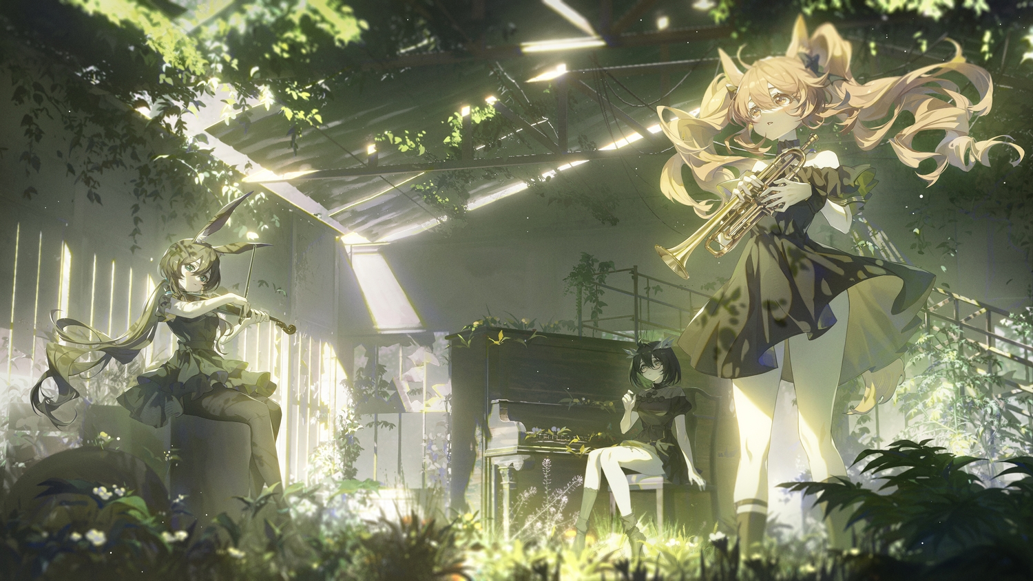 amiya_(arknights), angelina_(arknights), animal_ears, arknights, black_hair, brown_hair, bunny_ears, bunnygirl