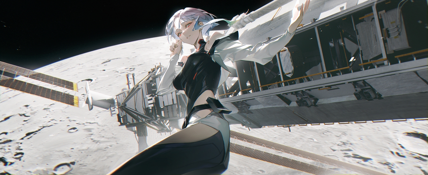 alov, blue_eyes, cyberpunk_2077, cyberpunk:_edgerunners, leotard, lucy_(cyberpunk), short_hair, space