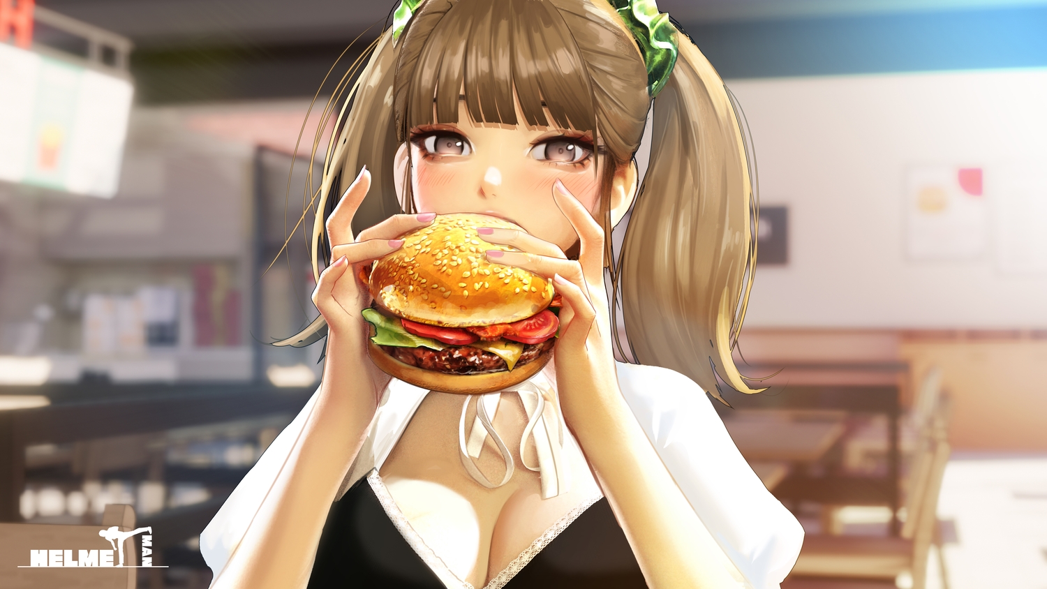 blush, breasts, brown_eyes, brown_hair, cleavage, close, food, jungon_kim, original, twintails