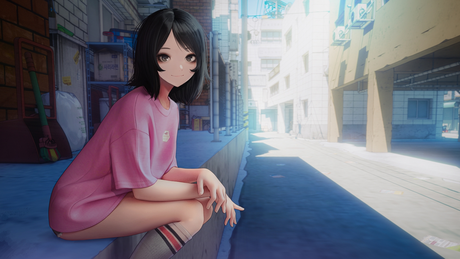 black_eyes, black_hair, building, city, jungon_kim, kneehighs, original, shade, short_hair